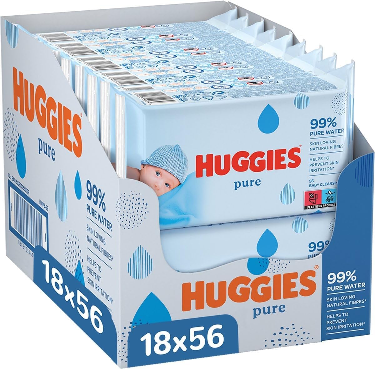 Huggbaby lingettes bébé Pure - 18 paquets de 56 lingettes (1008 lingettes) - 99% d'eau pure