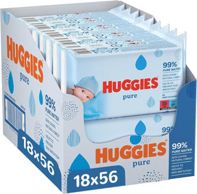 Huggbaby lingettes bébé Pure - 18 paquets de 56 lingettes (1008 lingettes) - 99% d'eau pure